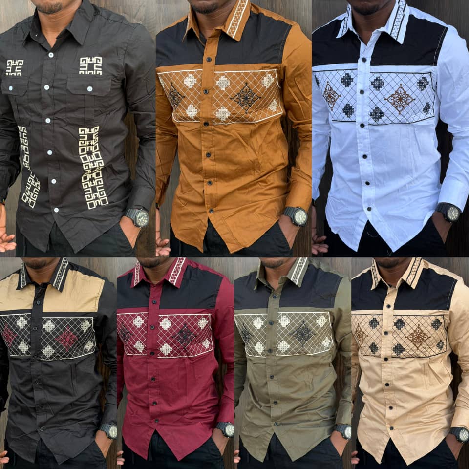 long-sleeved shirts with hand-embroidery. 
