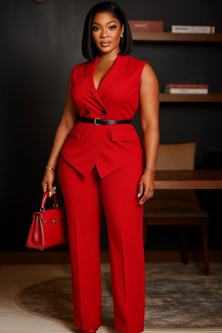  Women's Elegant V-Neck Sleeveless Top and Wide-Leg Pants Two-Piece Set