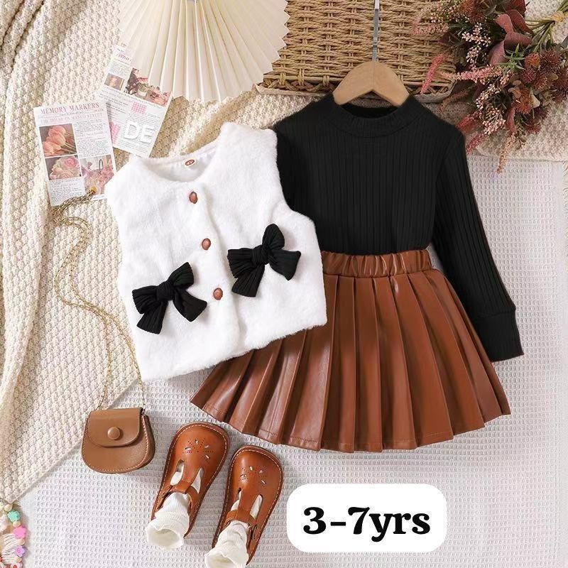  3-Piece Kids Outfit with Long Sleeve Top, Pleated Skirt & Furry Vest 